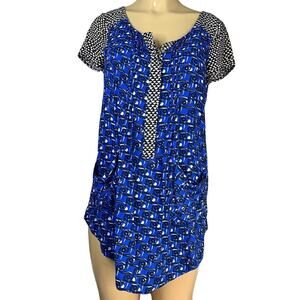 Maeve Short Sleeve Tunic Top 1/2 Button Front Pockets Blue Black White Size 8